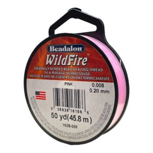 Beadalon WildFire .008 Pink 50yr Spool. WildFire beading thread is a strong and durable cord with a smooth, thermally bonded coating to create a superior stringing product. Super strong, waterproof, and near zero-stretch, this cord will not fray at the ends which makes it easy to thread through a needle. WildFire is also colorfast ? the color will not come-off on fingers like some other cords. This knottable, supple cord is great for intricate loom-work and multi-strand seed bead designs using the Spin-N-Bead. Made in USA.